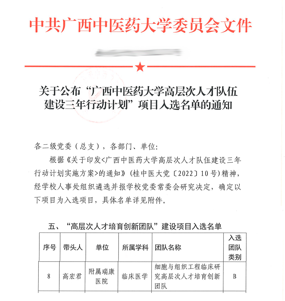 我中心细胞与组织工程临床研究高层次人才培育创新团队入选泡泡捕鱼官网下载“高层次人才培育创新团队”建设项目